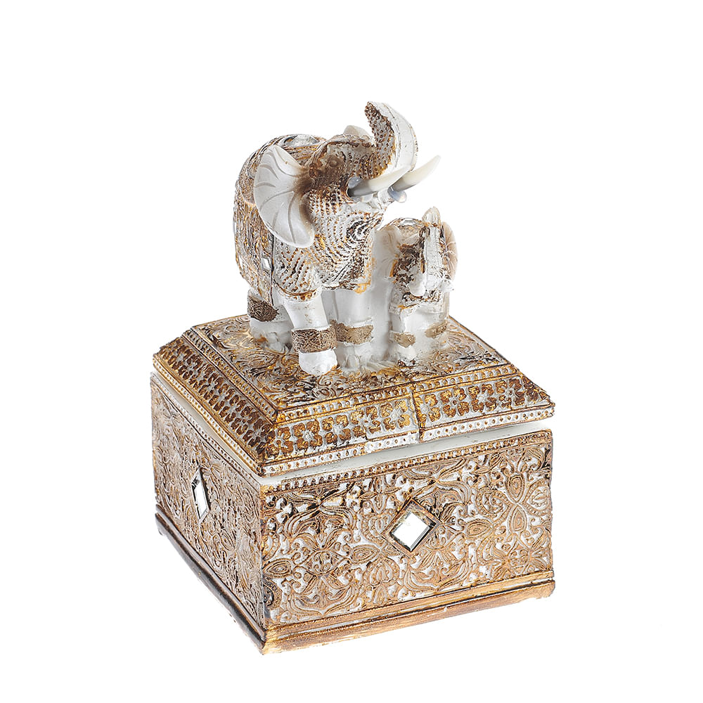 Statueta decorativa elefant pe soclu oriental, alb cu auriu - 2 | YEO