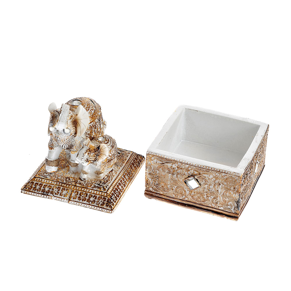 Statueta decorativa elefant pe soclu oriental, alb cu auriu - 3 | YEO