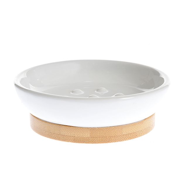 Savoniera din ceramica alba cu baza din bambus 10 cm