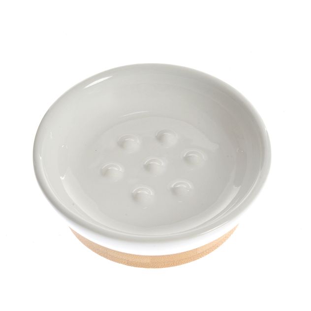 Savoniera din ceramica alba cu baza din bambus 10 cm