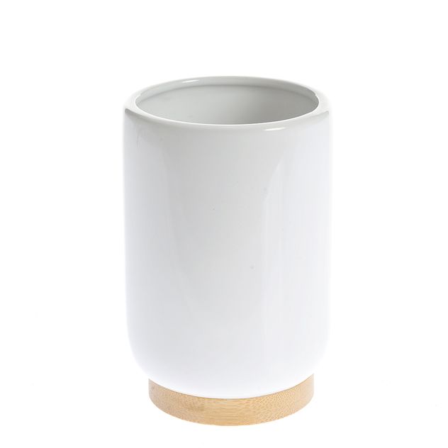 Suport alb pentru periute de dinti, din ceramica cu baza din bambus 11 cm