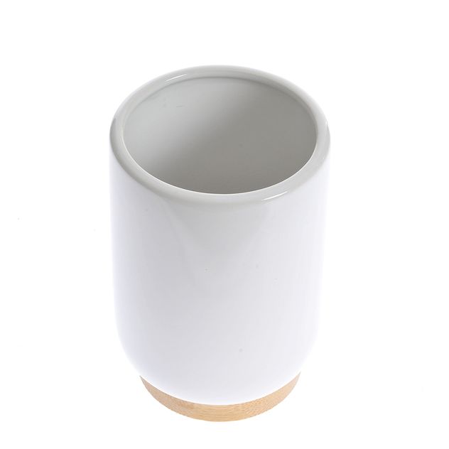 Suport alb pentru periute de dinti, din ceramica cu baza din bambus 11 cm
