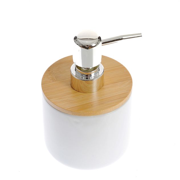 Dispenser sapun lichid cu capac bambus si pompa cromata 14 cm