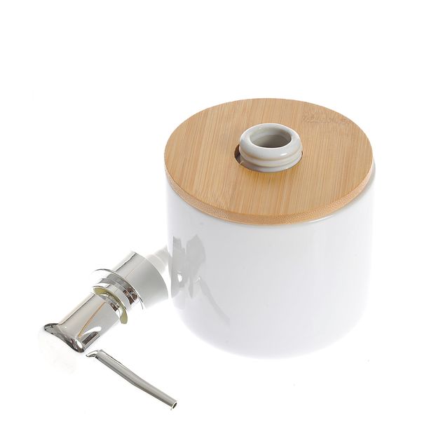 Dispenser sapun lichid cu capac bambus si pompa cromata 14 cm