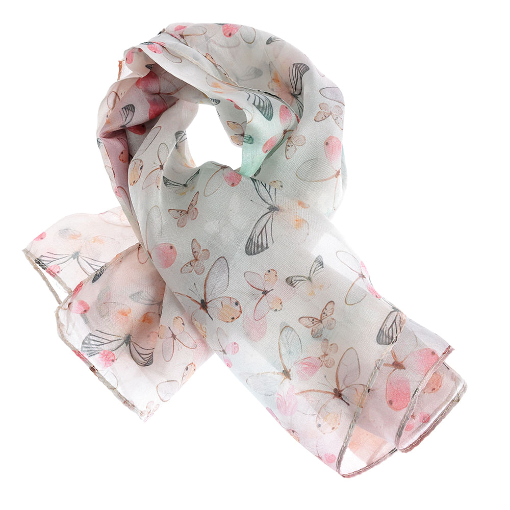 Esarfa din matase alba cu imprimeu fluturi multicolori 50x50 cm