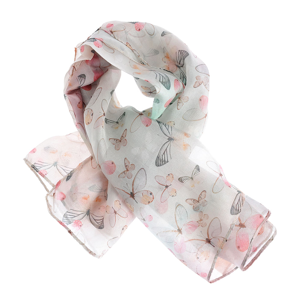 Esarfa din matase alba cu imprimeu fluturi multicolori 50x50 cm - 3 | YEO