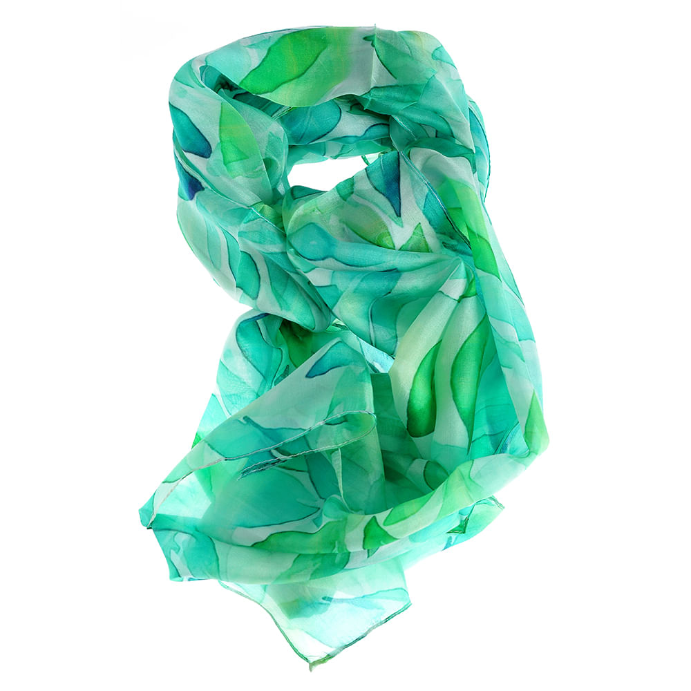 Esarfa matase verde imprimeu frunze 50x180 cm