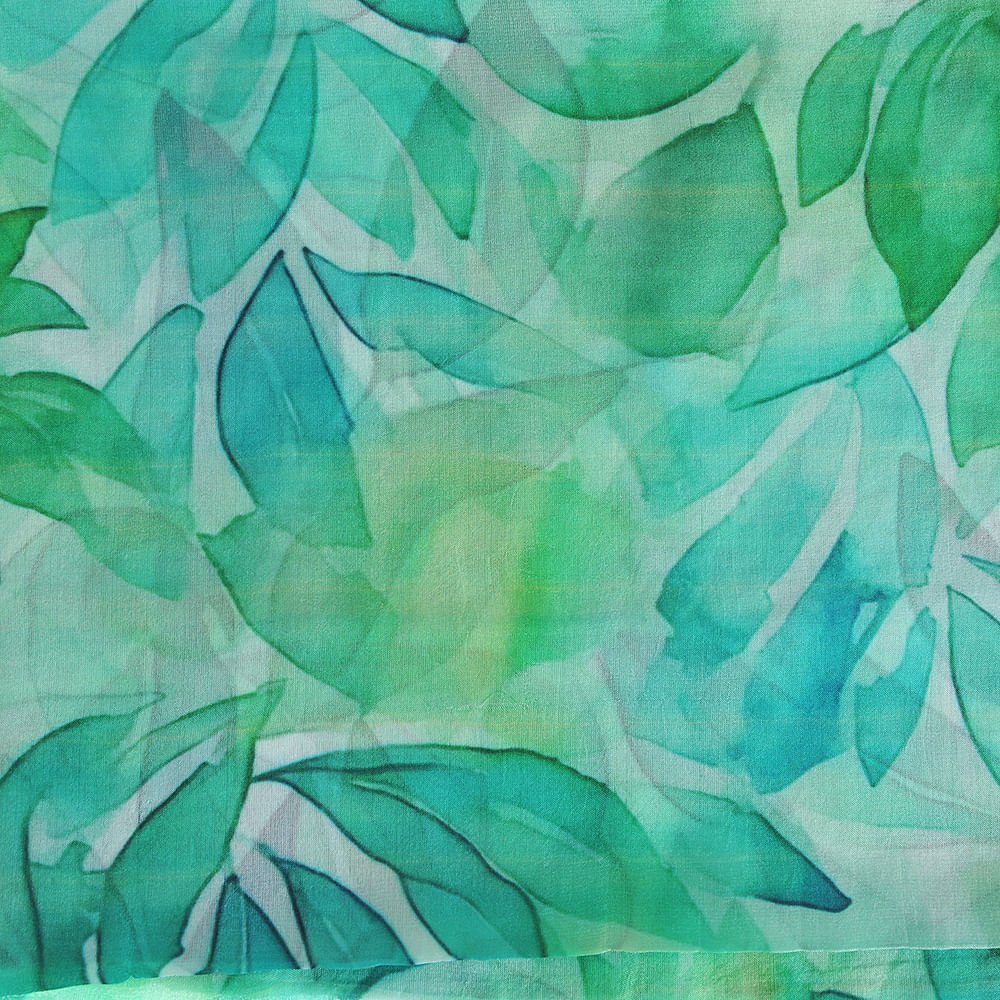 Esarfa matase verde imprimeu frunze 50x180 cm - 2 | YEO