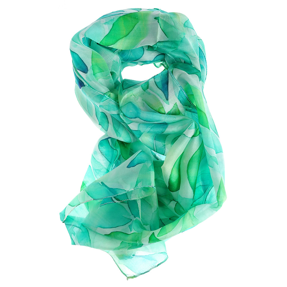 Esarfa matase verde imprimeu frunze 50x180 cm - 3 | YEO