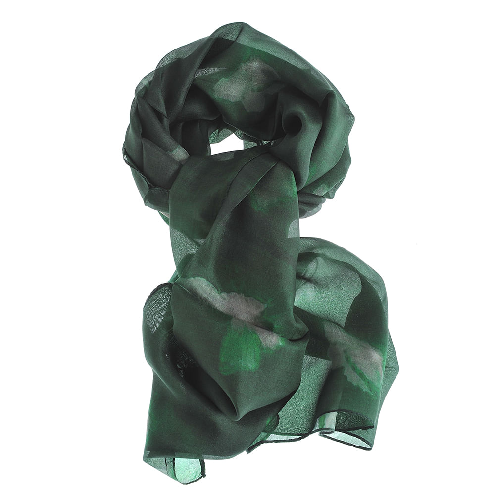 Esarfa din matase verde cu imprimeu floral 50x180 cm - 3 | YEO