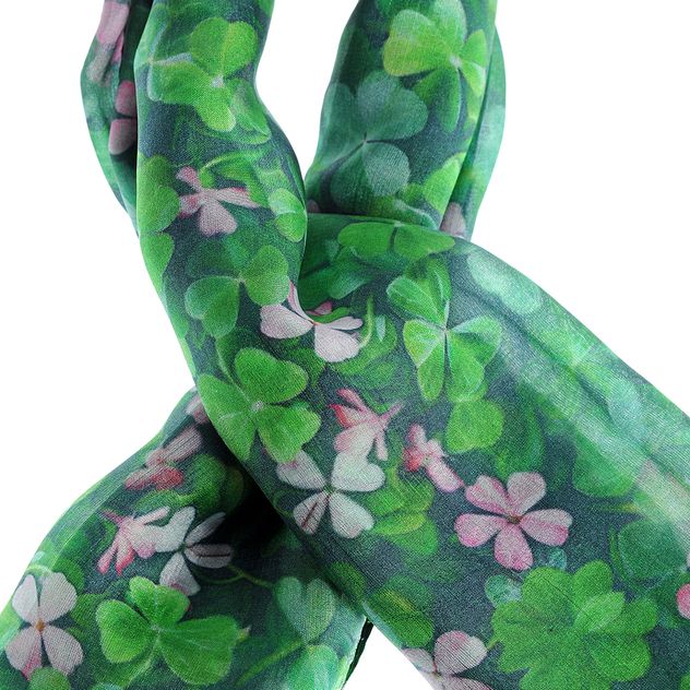 Esarfa verde din matase cu imprimeu flori roz 50x50 cm
