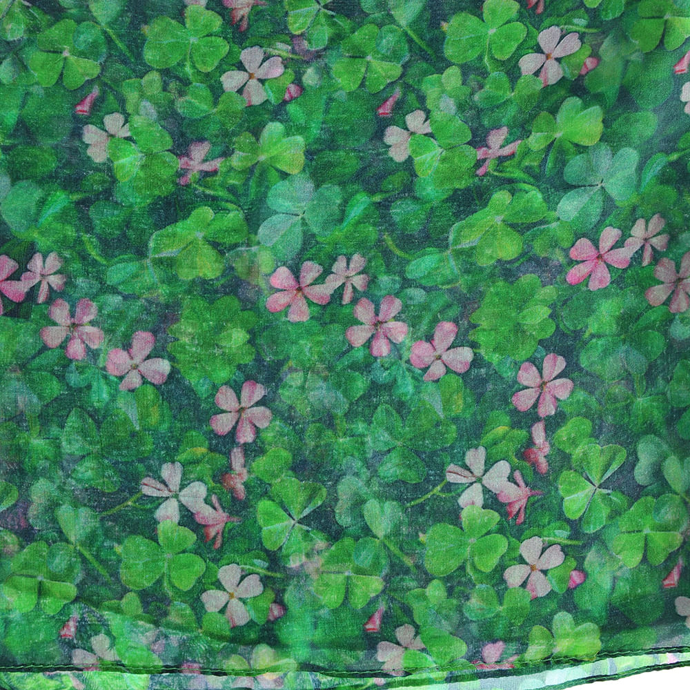Esarfa verde din matase cu imprimeu flori roz 50x50 cm - 2 | YEO