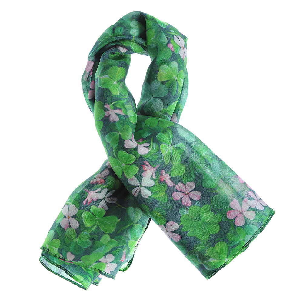 Esarfa verde din matase cu imprimeu flori roz 50x50 cm - 3 | YEO