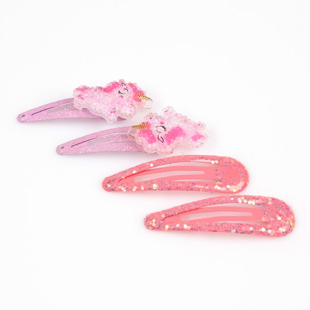 Set 4 clame de par cu unicorni roz si sclipici