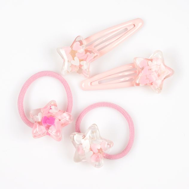 Set agrafe si elastice roz cu stelute transparente