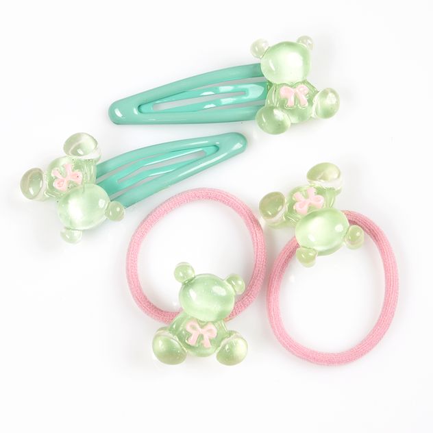 Agrafe si elastice de par cu design ursulet verde