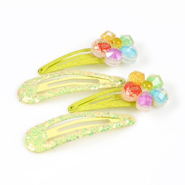Set 4 clame de par verzi cu flori colorate si sclipici