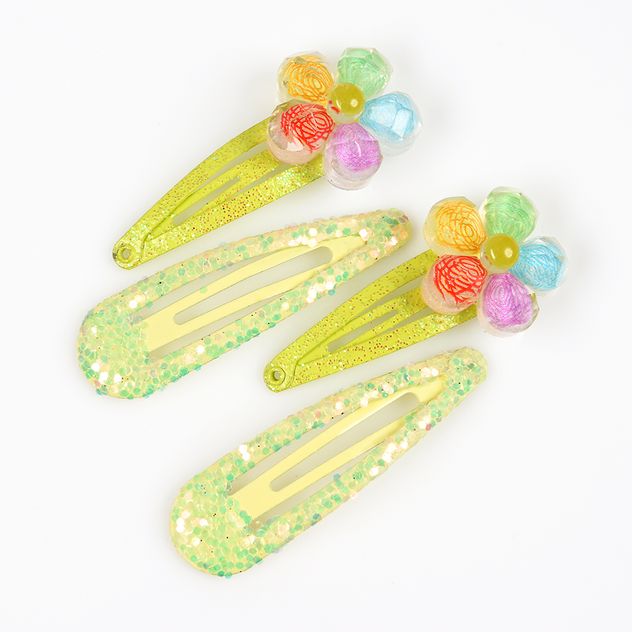 Set 4 clame de par verzi cu flori colorate si sclipici