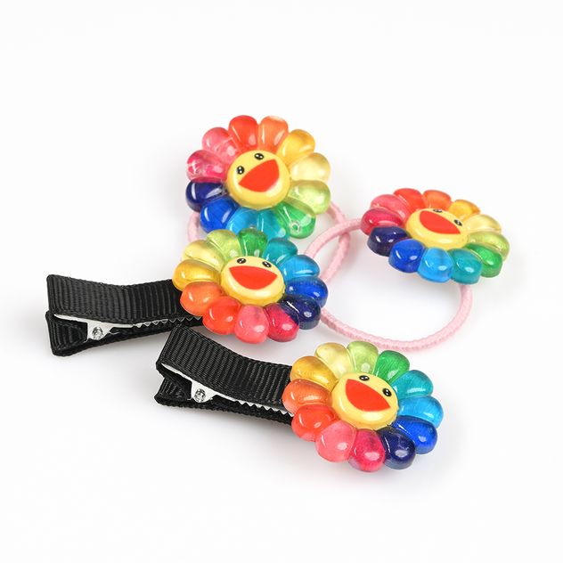 Set accesorii de par cu flori curcubeu si chip vesel