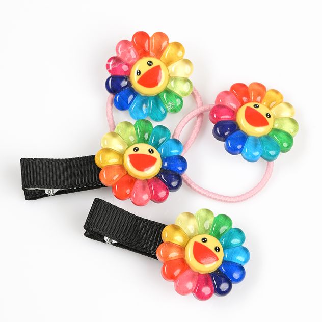 Set accesorii de par cu flori curcubeu si chip vesel
