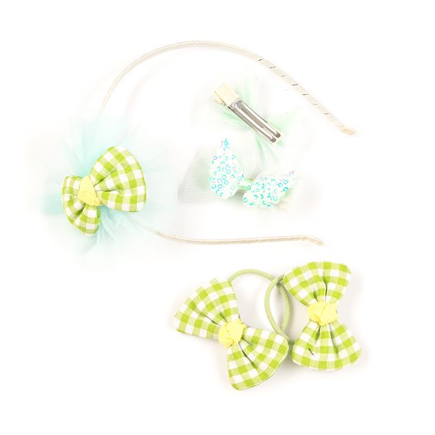 Set accesorii verde cu bentita, fundite si fluturi paietati