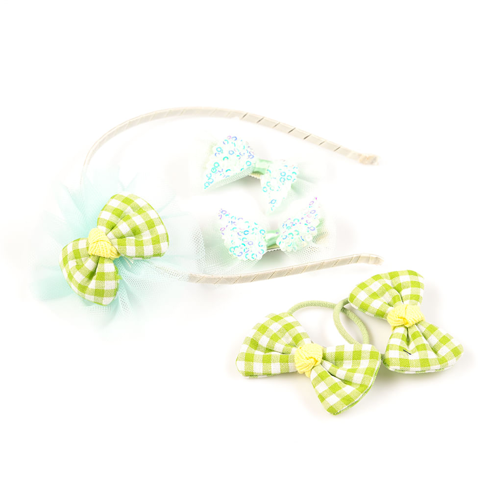 Set accesorii verde cu bentita, fundite si fluturi paietati - 2 | YEO