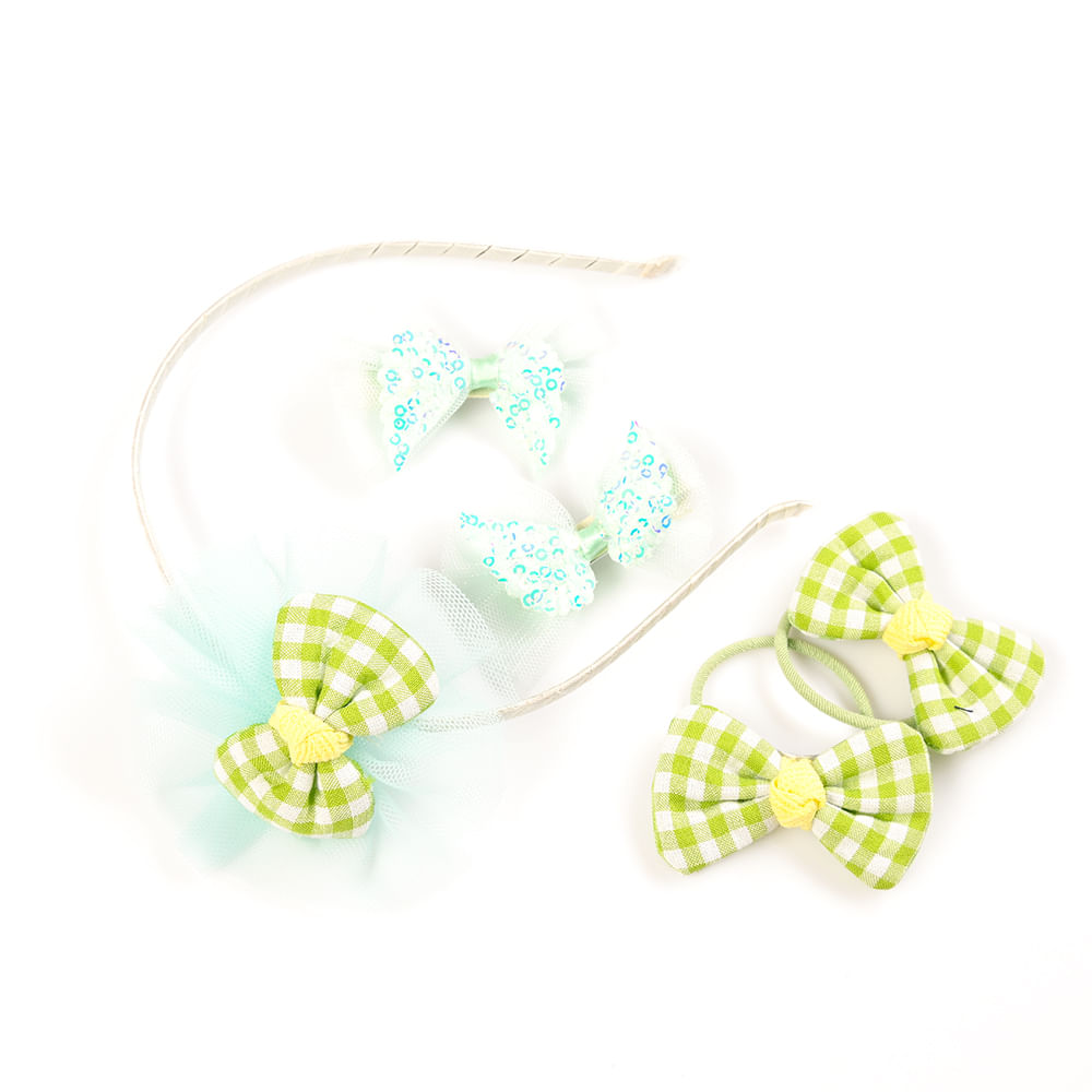 Set accesorii verde cu bentita, fundite si fluturi paietati - 3 | YEO
