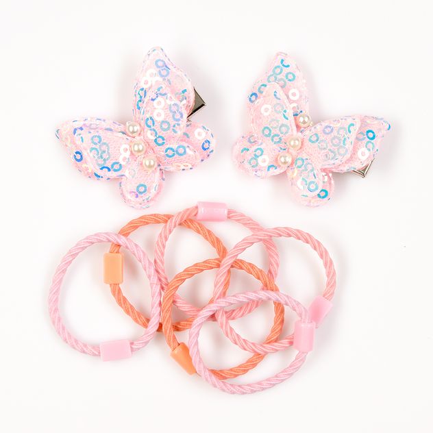 Set accesorii roz cu fluturi paietati si elastice colorate