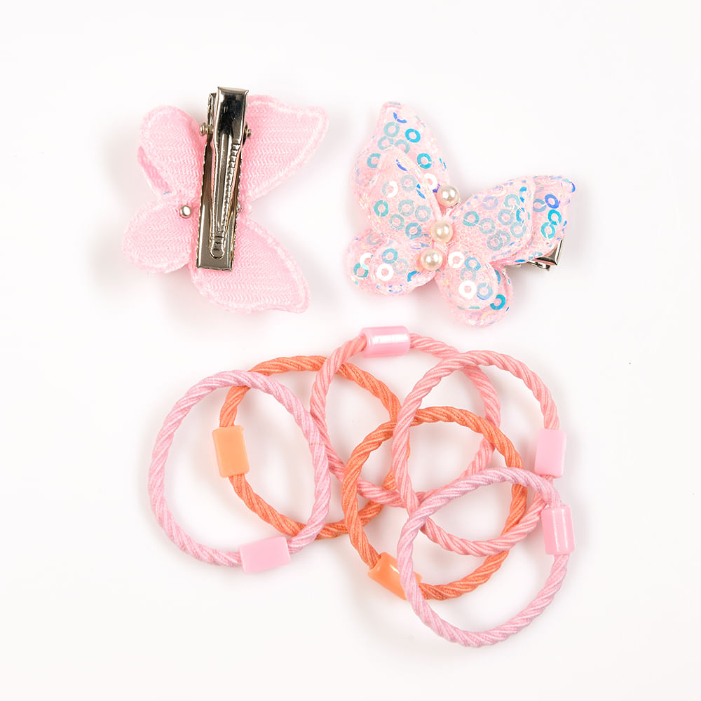 Set accesorii roz cu fluturi paietati si elastice colorate - 1 | YEO