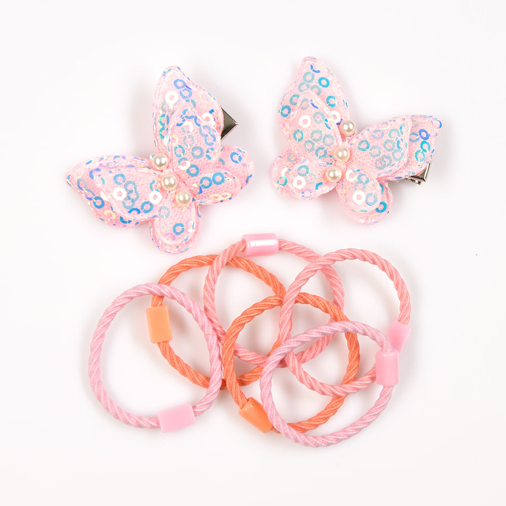 Set accesorii roz cu fluturi paietati si elastice colorate - 2 | YEO