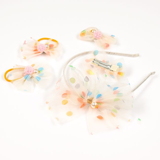 Set accesorii crem cu bentita, clame si elastice din tul cu buline