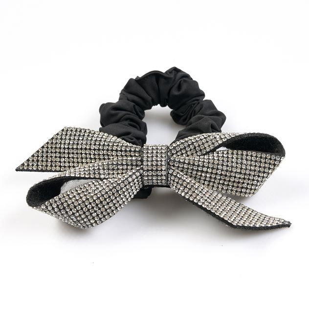 Elastic de par negru cu funda mare din strasuri argintii