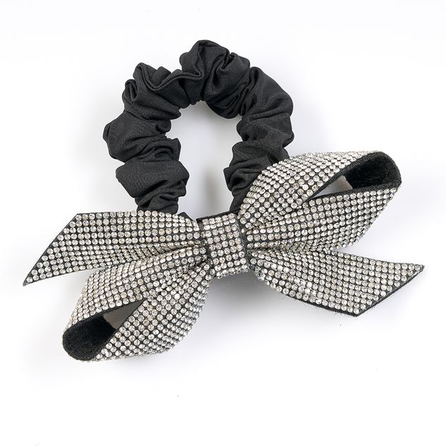 Elastic de par negru cu funda mare din strasuri argintii