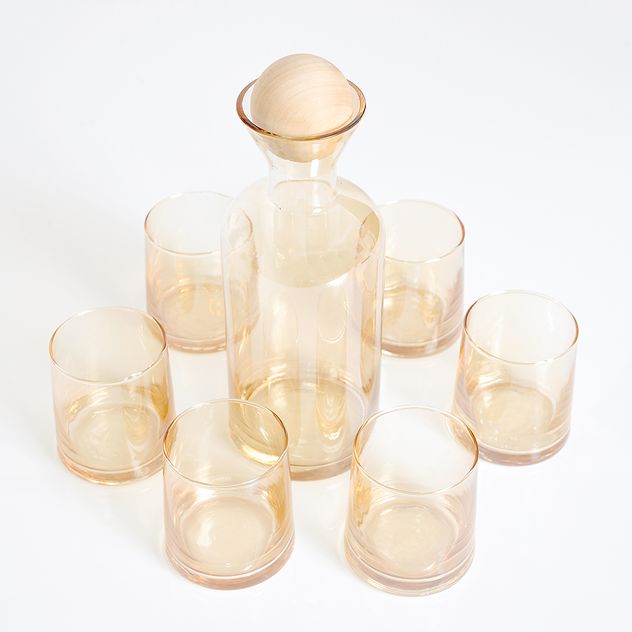 Set decantor 1200 ml cu 6 pahare 260 ml din sticla fumurie si dop din lemn