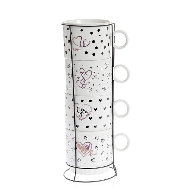 Set 4 cesti albe 250 ml din ceramice cu suport metalic si imprimeu inimi