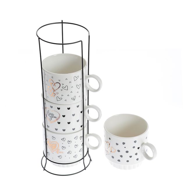 Set 4 cesti albe 250 ml din ceramice cu suport metalic si imprimeu inimi