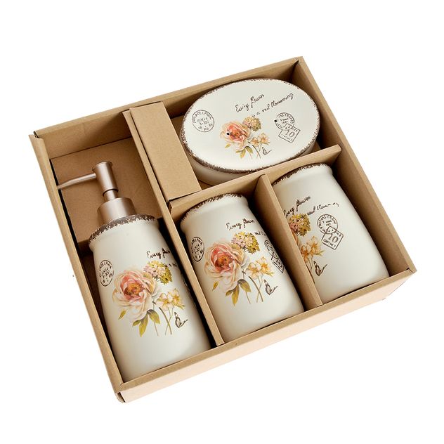 Set patru accesorii baie din ceramica cu flori