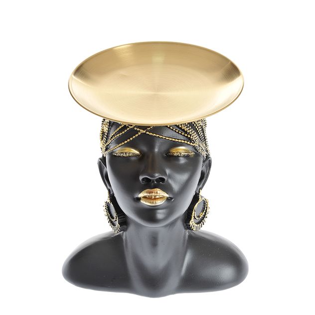 Suport decorativ cu bust elegant african si platou auriu 22 cm