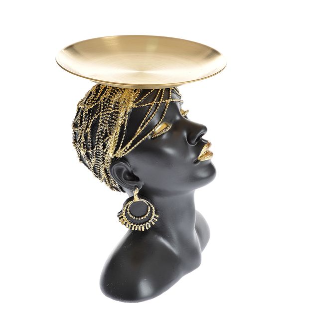 Suport decorativ cu bust elegant african si platou auriu 22 cm
