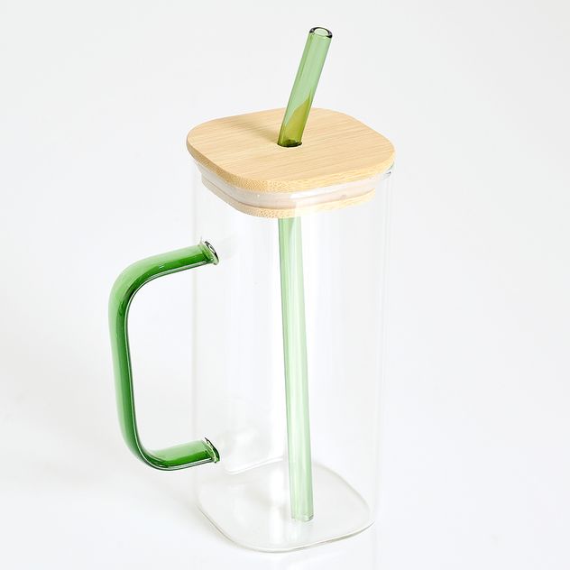 Pahar cu capac bambus, pai si maner din sticla colorata 350ml