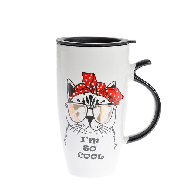 Cana ceramica cu capac si imprimeu pisica “I’m so cool” 570 ml