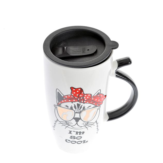 Cana ceramica cu capac si imprimeu pisica “I’m so cool” 570 ml