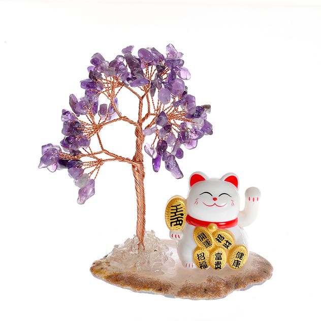 Statueta copacul dorintelor cu ametist si pisica norocoasa 13 cm