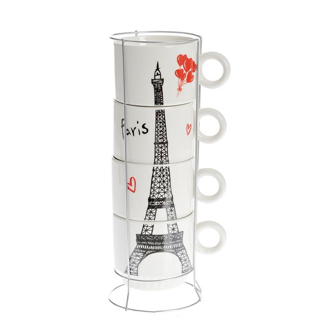 Set 4 cesti 250 ml cu suport metalic si design Turn Eiffel