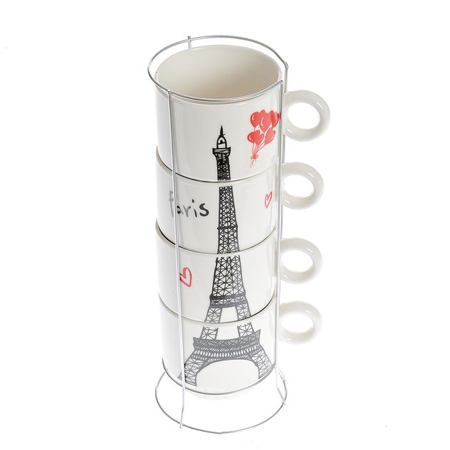 Set 4 cesti 250 ml cu suport metalic si design Turn Eiffel