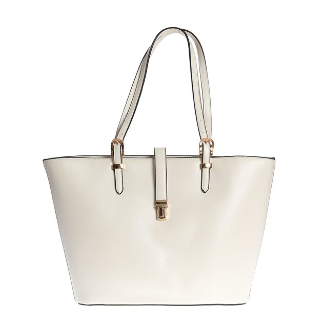 Geanta shopper crem cu barete reglabile si inchidere aurie