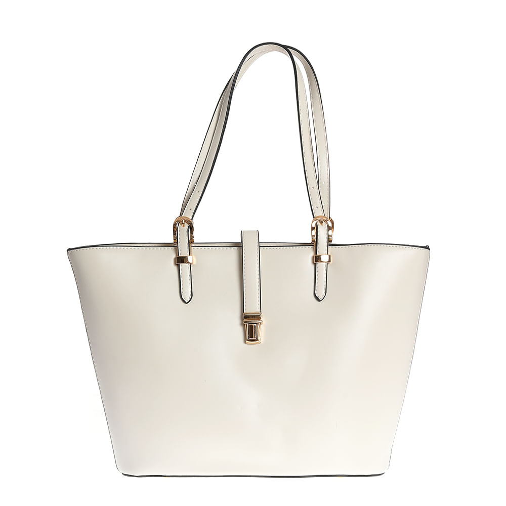 Geanta shopper crem cu barete reglabile si inchidere aurie