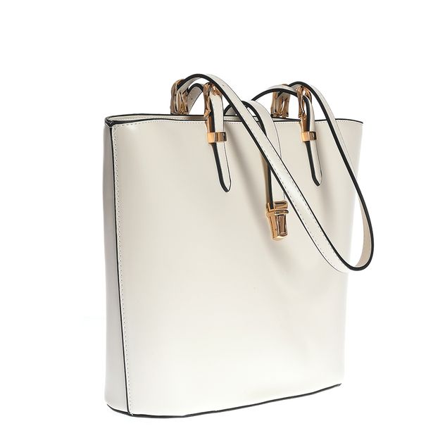 Geanta shopper crem cu barete reglabile si inchidere aurie