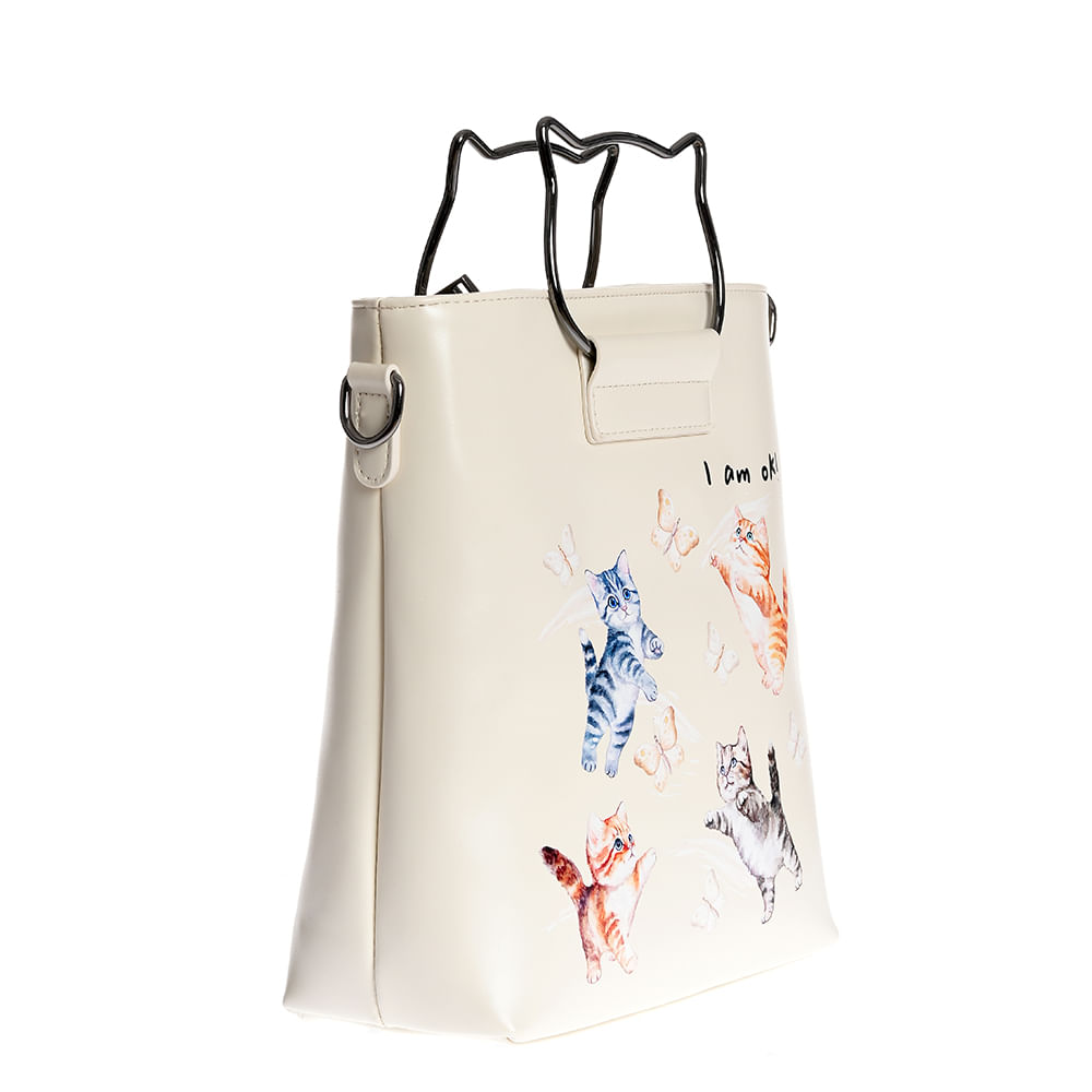 Geanta tip crossbody crem cu imprimeu pisici si maner forma urechi - 1 | YEO