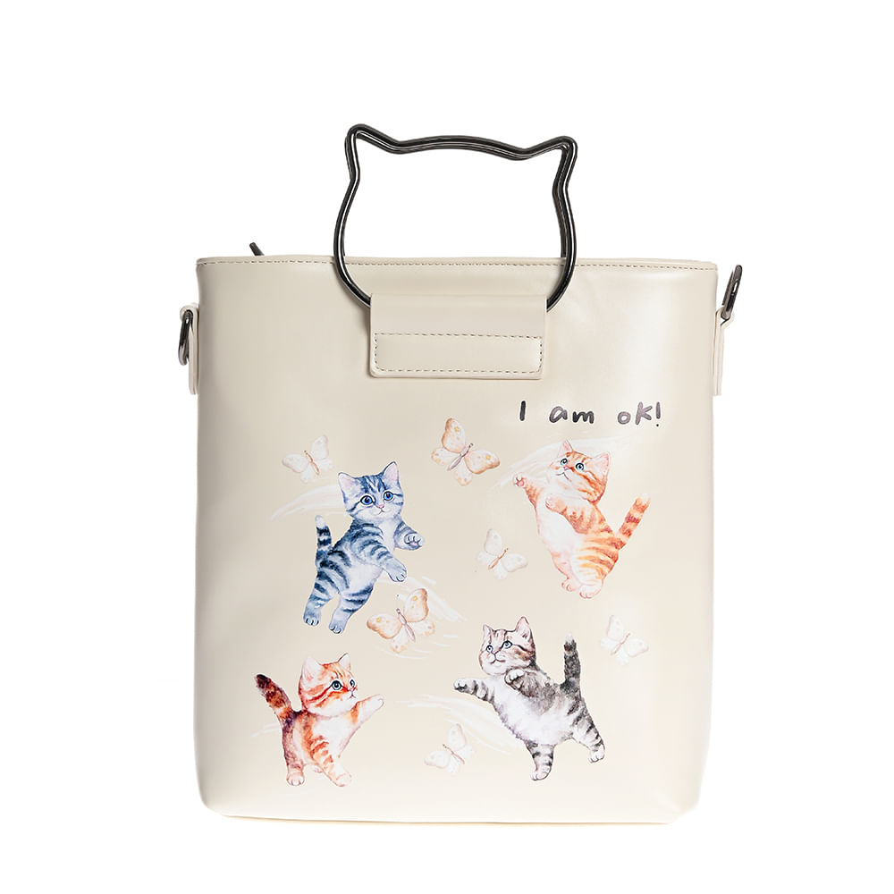 Geanta tip crossbody crem cu imprimeu pisici si maner forma urechi - 4 | YEO